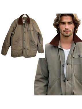 Men's Vintage R&R Chore Jacket Barn Coat Utility Corduroy Collar Khaki Brown 44